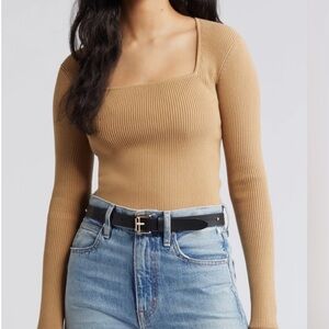 Open Edit Women’s Luxe Sculpt Square Neck Long Sleeve Top Modern Chic Sz Medium